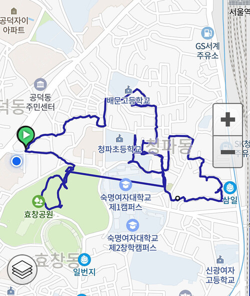 지난 8일 서울 한겨레신문사 주변 공덕동, 청파동 1, 2가, 효창동 일대 동네를 여행한 경로가 표시된 램블러 앱 화면. 램블러 앱 화면 갈무리